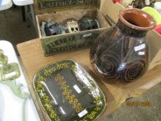 POTTERY DISH AND LARGE VASE, THREE STUDIO POTTERY MODELS OF OWLS AND A VINTAGE HUDSONS EXTRA SOAP