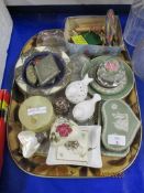 TRAY OF WEDGWOOD TRINKET BOX, PAPERWEIGHT, VARIOUS ORNAMENTS ETC