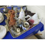 TRAY CONTAINING MIXED MODERN ORIENTAL FIGURES, TEA POT ETC