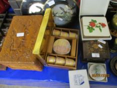 LARGE MODERN EASTERN HARDWOOD BOX, ONE OTHER TABLE MATS ETC