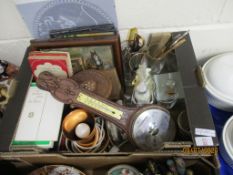 BOX VARIOUS BOOKS, MODERN BAROMETER, TABLE LAMP, GLASSES ETC