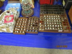 LARGE COLLECTION OF VARIOUS MODERN ORNAMENTAL THIMBLES IN DISPLAY CASES ETC