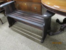 EARLY 20TH CENTURY OAK BENCH WITH SLATTED SEAT, BEARS LABEL INSCRIBED "BUILT FROM TIMBERS EX HMS