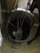 COPPER COAL BUCKET AND VARIOUS CAST METAL FIRE IRONS ETC