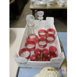 BOX OF VARIOUS CRANBERRY TINTED GLASS WARE ETC