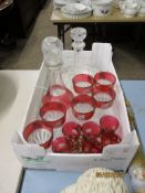 BOX OF VARIOUS CRANBERRY TINTED GLASS WARE ETC
