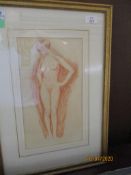 MODERN BRITISH SCHOOL (20TH CENTURY), FULL LENGTH FEMALE NUDE, ROUGE DRAWING, 32 X 18CM