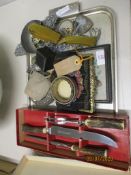 TRAY CONTAINING A CARVING SET, PEWTER QUAICH, COSTUME JEWELLERY ETC