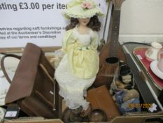 BOX LARGE MODERN DOLL, MANDOLIN, TOYS, MUSIC CASE AND CONTENTS ETC
