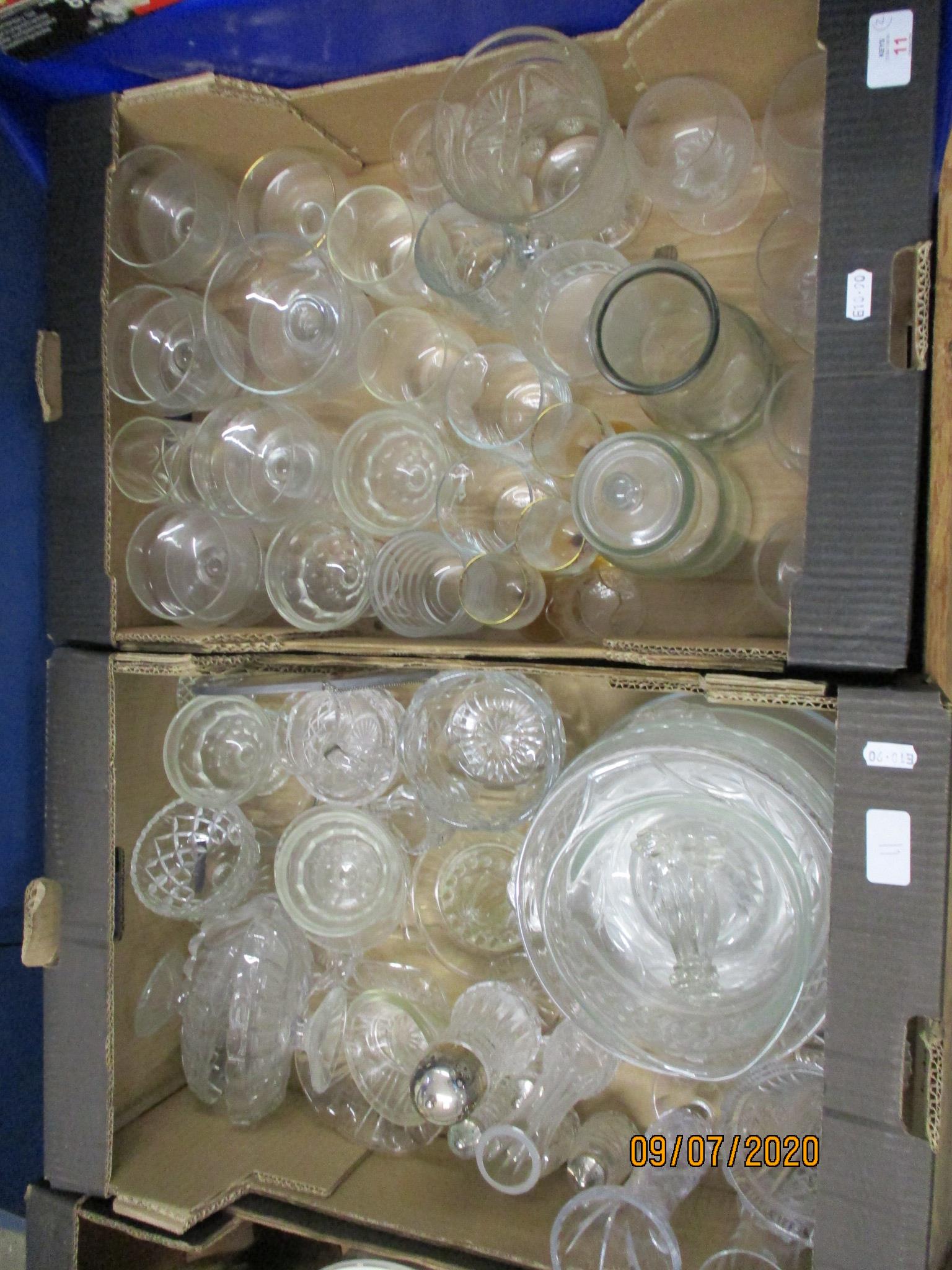 TWO BOXES VARIOUS GLASSWARE INCLUDING DRINKING GLASSES, TUREENS, SIFTER ETC