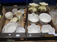 TWO BOXES VARIOUS POTTERY INCLUDING PAIR OF VASES, JARDINIERES, BOWL, JUG ETC