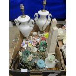 BOX PAIR OF MODERN TABLE LAMPS, TWO PRISMS, FRENCH GLASS EWER, TINTAGEL POTTERY COFFEE POT ETC