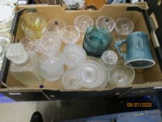 BOX VARIOUS WINE GLASSES, SUNDAE DISHES, OTHER GLASS WARE, POTTERY, JUG, TANKARD ETC