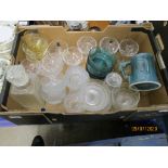 BOX VARIOUS WINE GLASSES, SUNDAE DISHES, OTHER GLASS WARE, POTTERY, JUG, TANKARD ETC