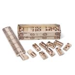 Napoleonic Prisoner of War miniature bone domino set, the case of sarcophagus form with sliding