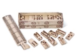 Napoleonic Prisoner of War miniature bone domino set, the case of sarcophagus form with sliding