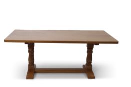 "Cat and Mouseman" large oak dining table by Lyndon Hannell, with dimple effect to top and inscribed