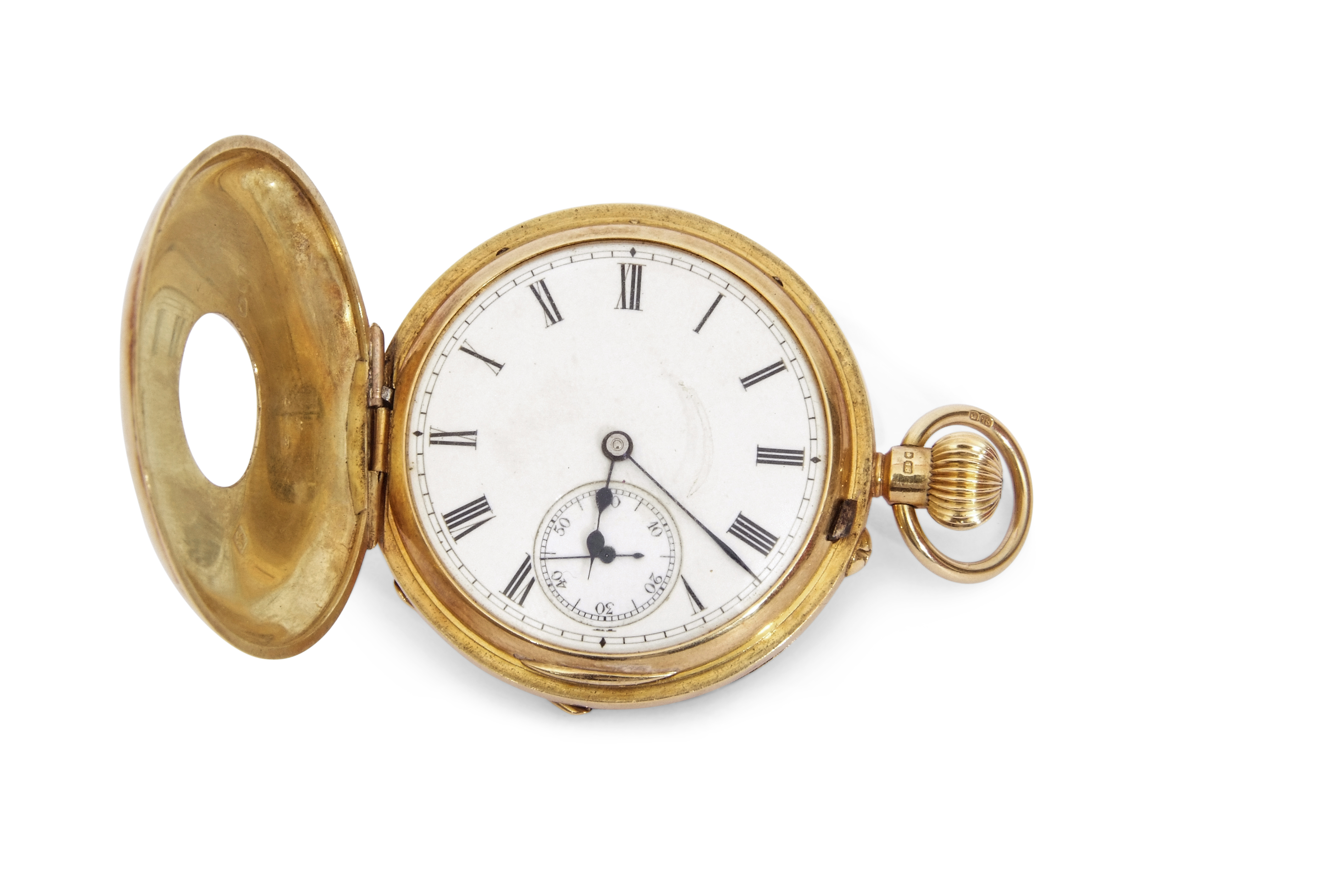 First quarter of 20th century hallmarked 18ct gold cased half hunter fob watch with button wind,