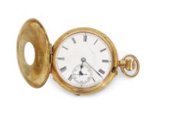 First quarter of 20th century hallmarked 18ct gold cased half hunter fob watch with button wind,