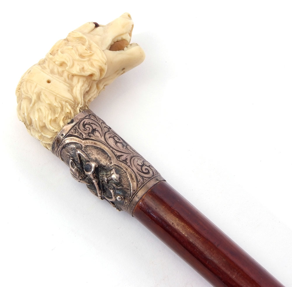 19th century hunting cane, the ivory handle carved in the form of a hound with glass or - Image 3 of 8