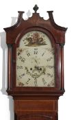 19th century mahogany longcase clock painted arch dial with circular Arabic chapter ring,