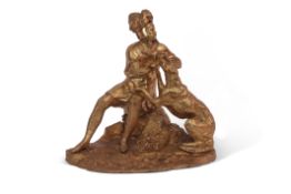 Messenger & Sons signed gilt bronze study of a medieval knight and dog stamped and dated May 1851 (