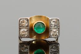 Emerald and diamond stylised ring, the cabochon round cut emerald collet set in a central concave