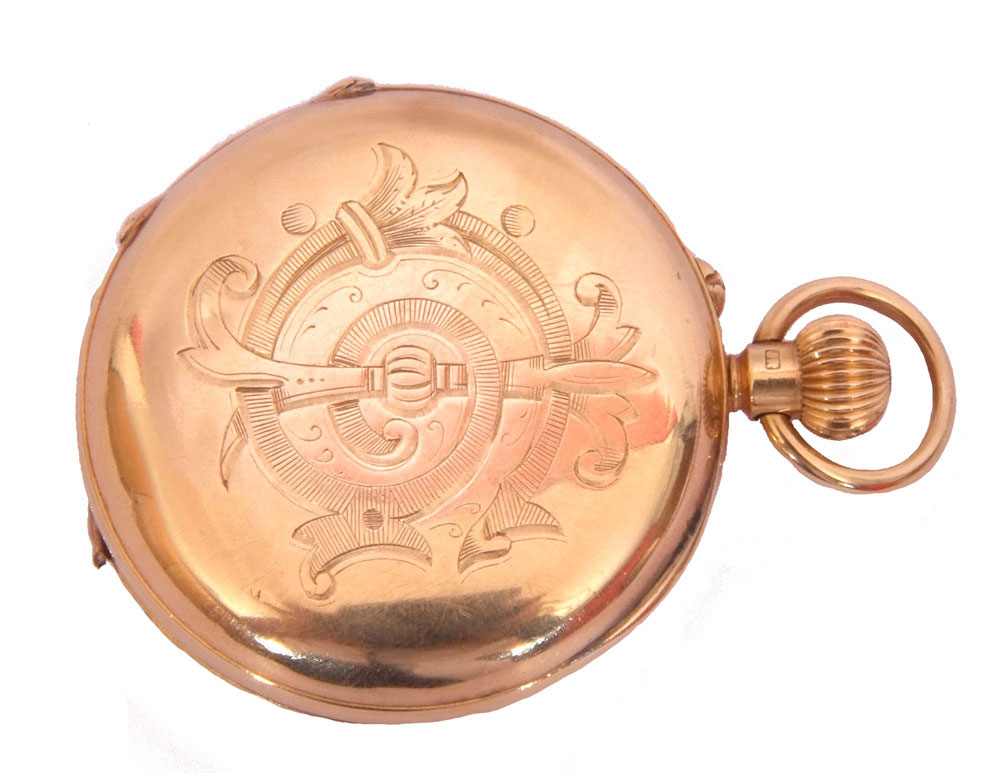 First quarter of 20th century hallmarked 18ct gold cased half hunter fob watch with button wind, - Image 4 of 4