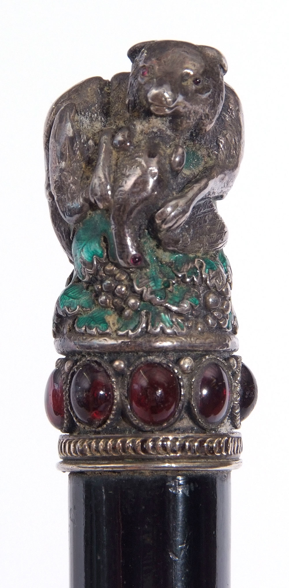 Ebonised cane, the white metal handle decorated in the form of a bear with prey with traces of green - Image 8 of 8