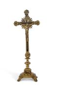 19th century brass altar crucifix of typical form and inscribed "INRI", the balustered base