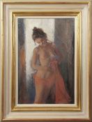 •AR Roy Petley (born 1951), Female nude, oil on board, signed lower left, 44 x 29cm