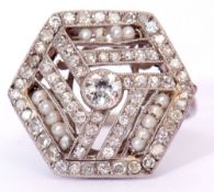 Precious metal hexagonal diamond and seed pearl ring, centring a collet set old cut diamond,