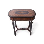 19th century burr walnut marquetry and ebonised sewing table, the ornately inlaid lid with brass