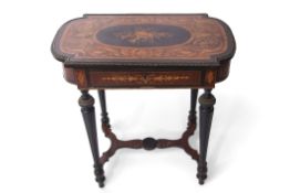 19th century burr walnut marquetry and ebonised sewing table, the ornately inlaid lid with brass