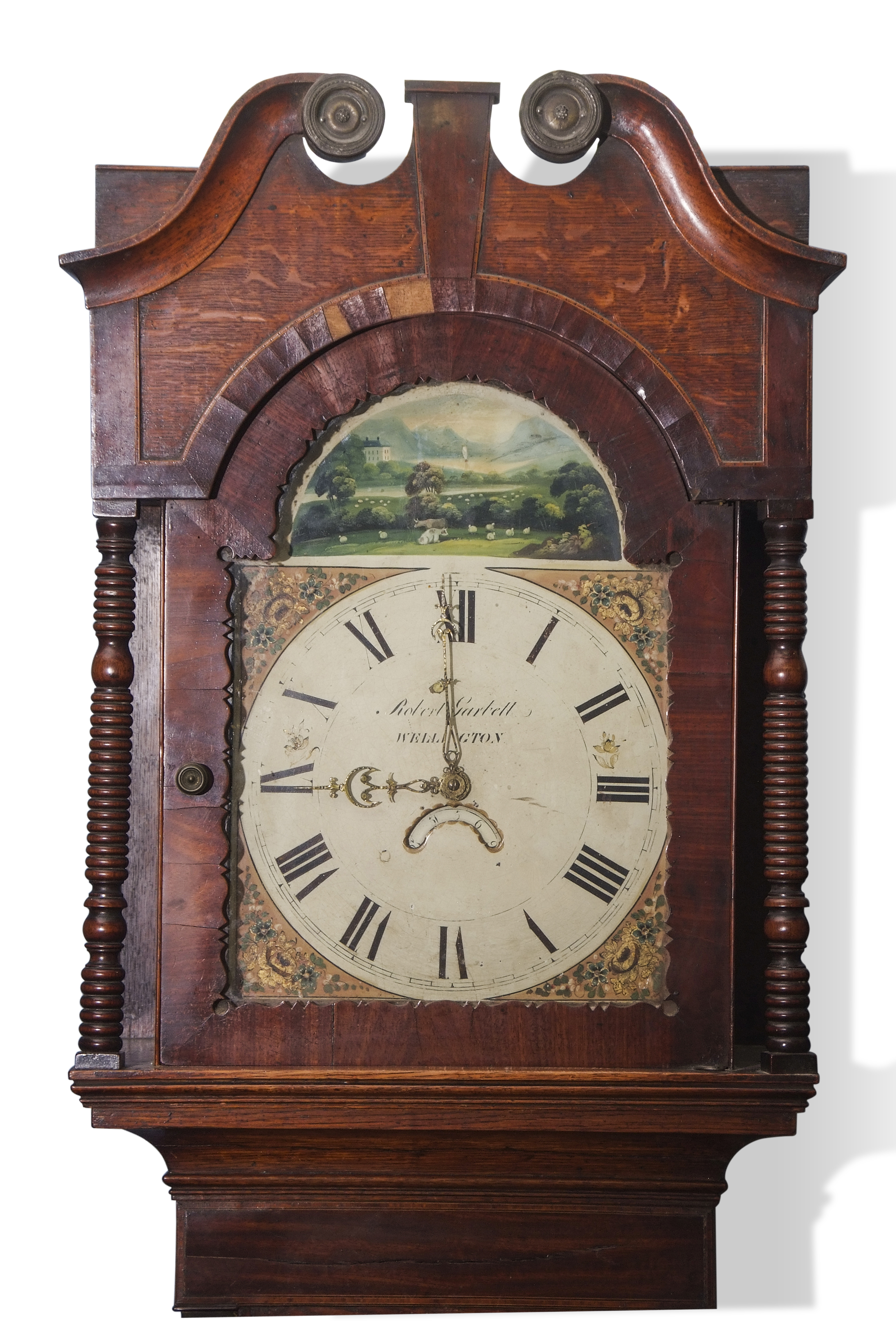 Early 19th century oak longcase clock, swan neck pediment over a painted arched dial by Robert