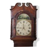 Early 19th century oak longcase clock, swan neck pediment over a painted arched dial by Robert