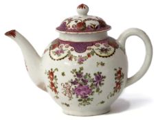 Lowestoft porcelain tea pot and cover circa 1780, decorated in polychrome with a Curtis type design,