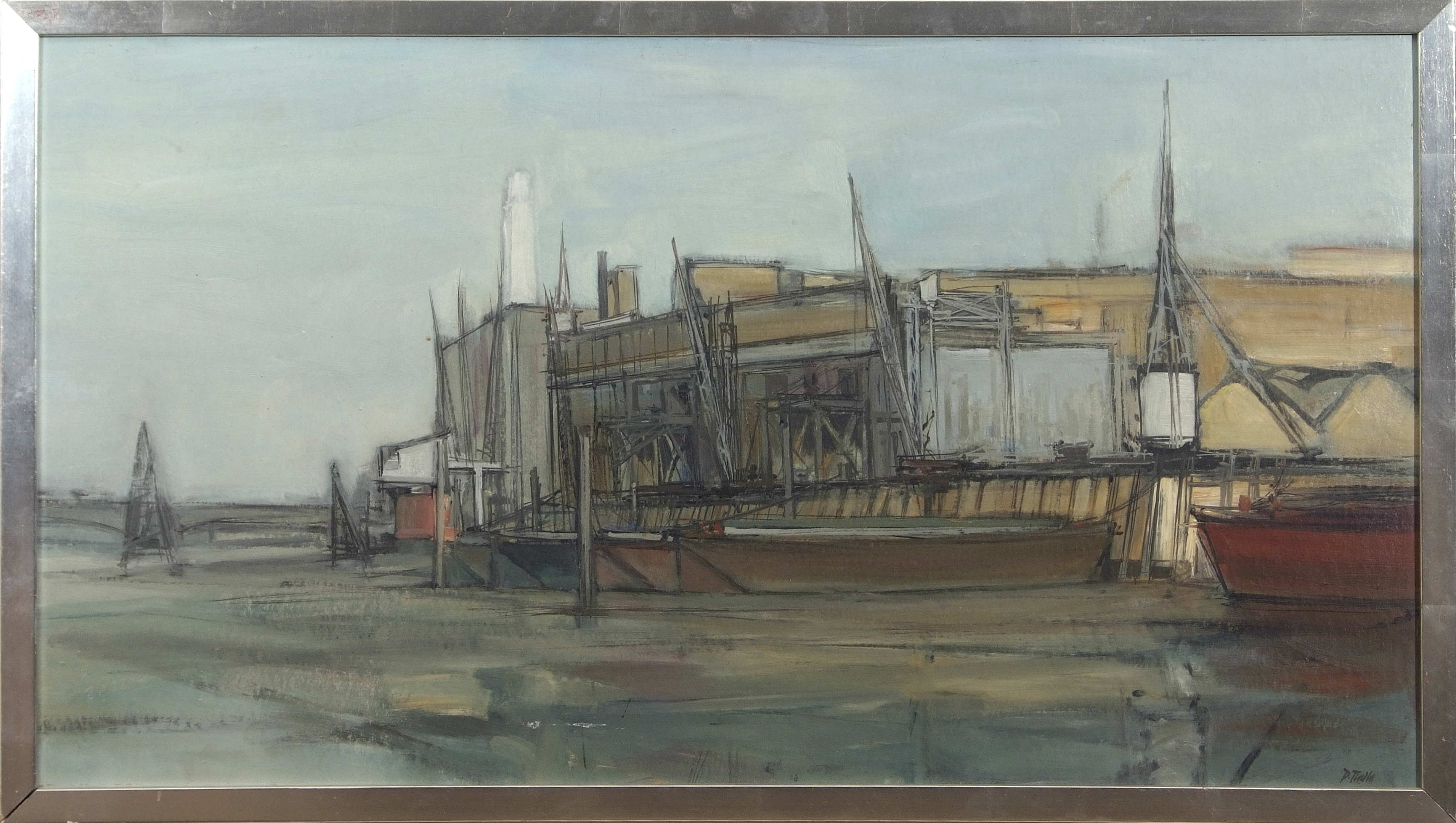 •AR David Tindle, RA (born 1932), Dockyard, oil on board, signed lower right, 51 x 93cm