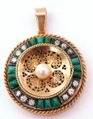 Antique diamond, turquoise and pearl circular pendant, the concaved pierced and engraved centre