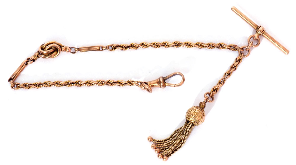 Victorian 9ct gold Albert watch chain, rope twist design, suspending a tassel, T-bar and a dog clip, - Image 2 of 3