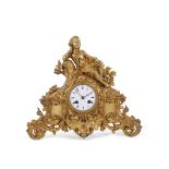 French gilt metal mantel clock, crested with the figure of a young dandy clutching a posy in his