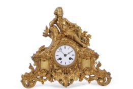 French gilt metal mantel clock, crested with the figure of a young dandy clutching a posy in his