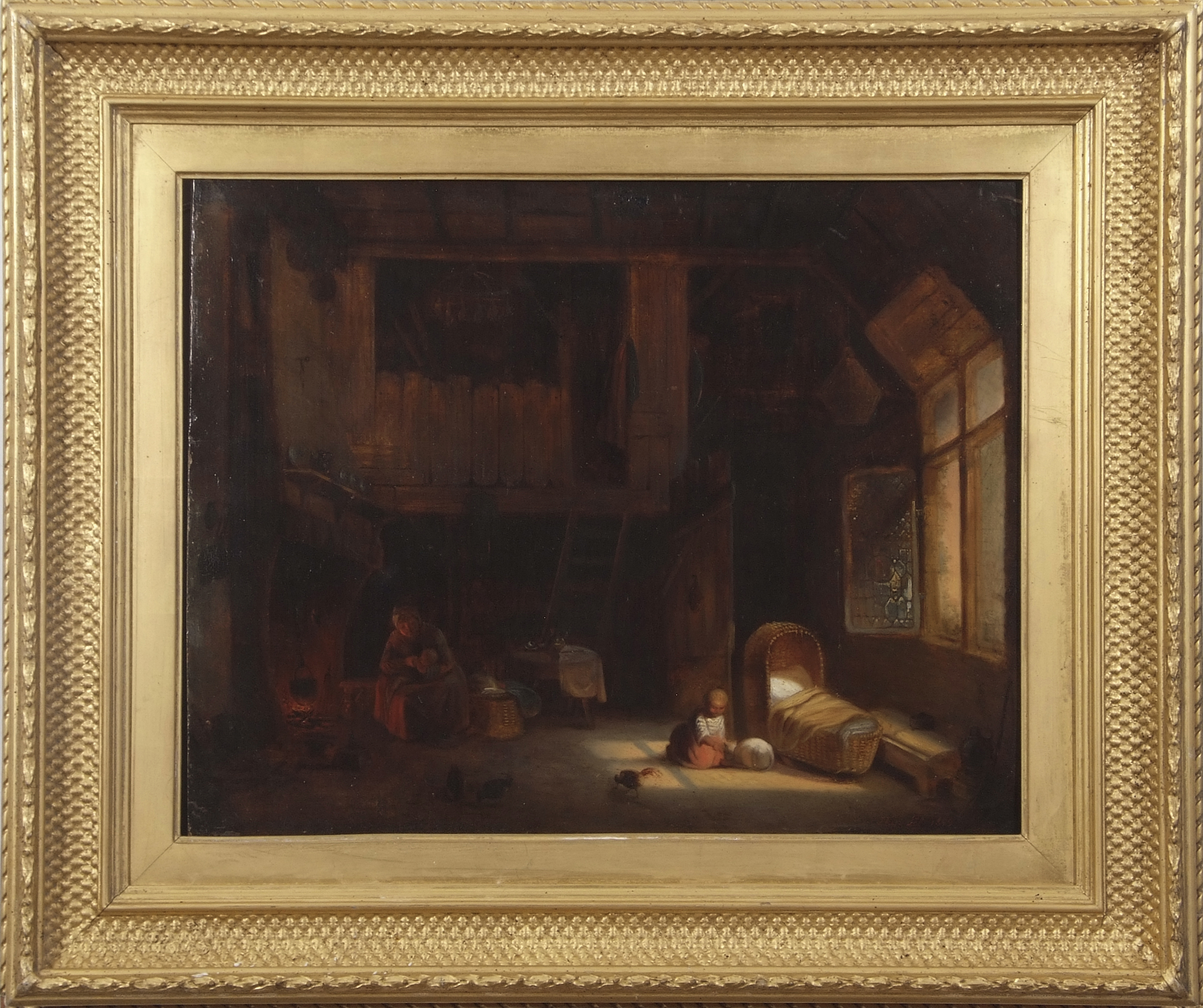 Joseph van Lil (1826-1906), Cottage interior with mother and children, oil on panel, signed and