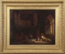 Joseph van Lil (1826-1906), Cottage interior with mother and children, oil on panel, signed and