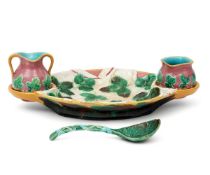 Late 19th century George Jones Majolica strawberry dish including a pouring jug and sugar basket and