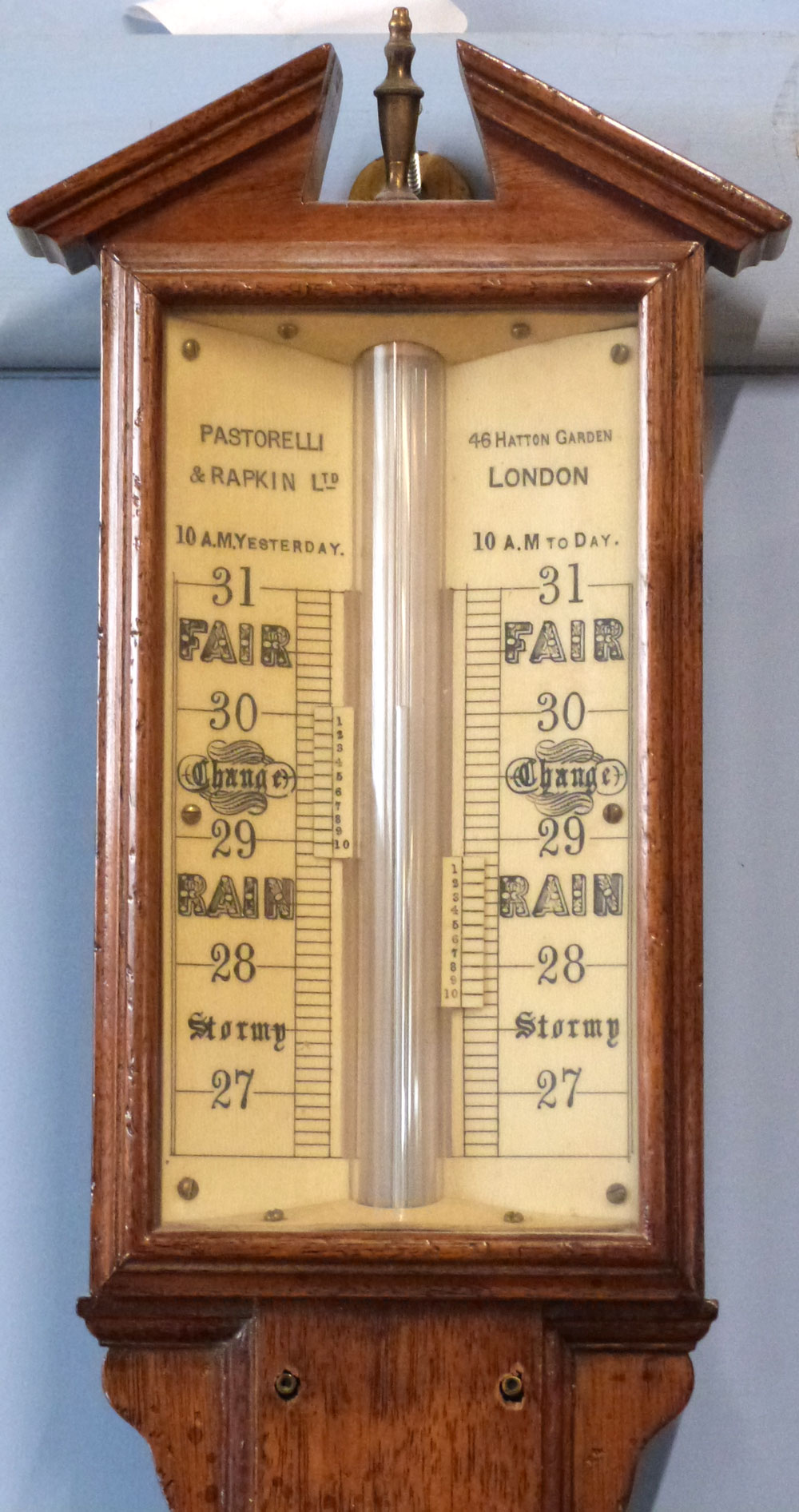 Early 19th century oak stick barometer, Pastorelli & Rapkin Ltd, 46 Hatton Garden, London, broken - Image 2 of 2