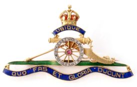 Royal Artillery sweetheart brooch with blue, green and red enamel decoration, ruby and diamond