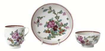 Lowestoft porcelain trio circa 1780, decorated in polychrome with Thomas Rose pattern