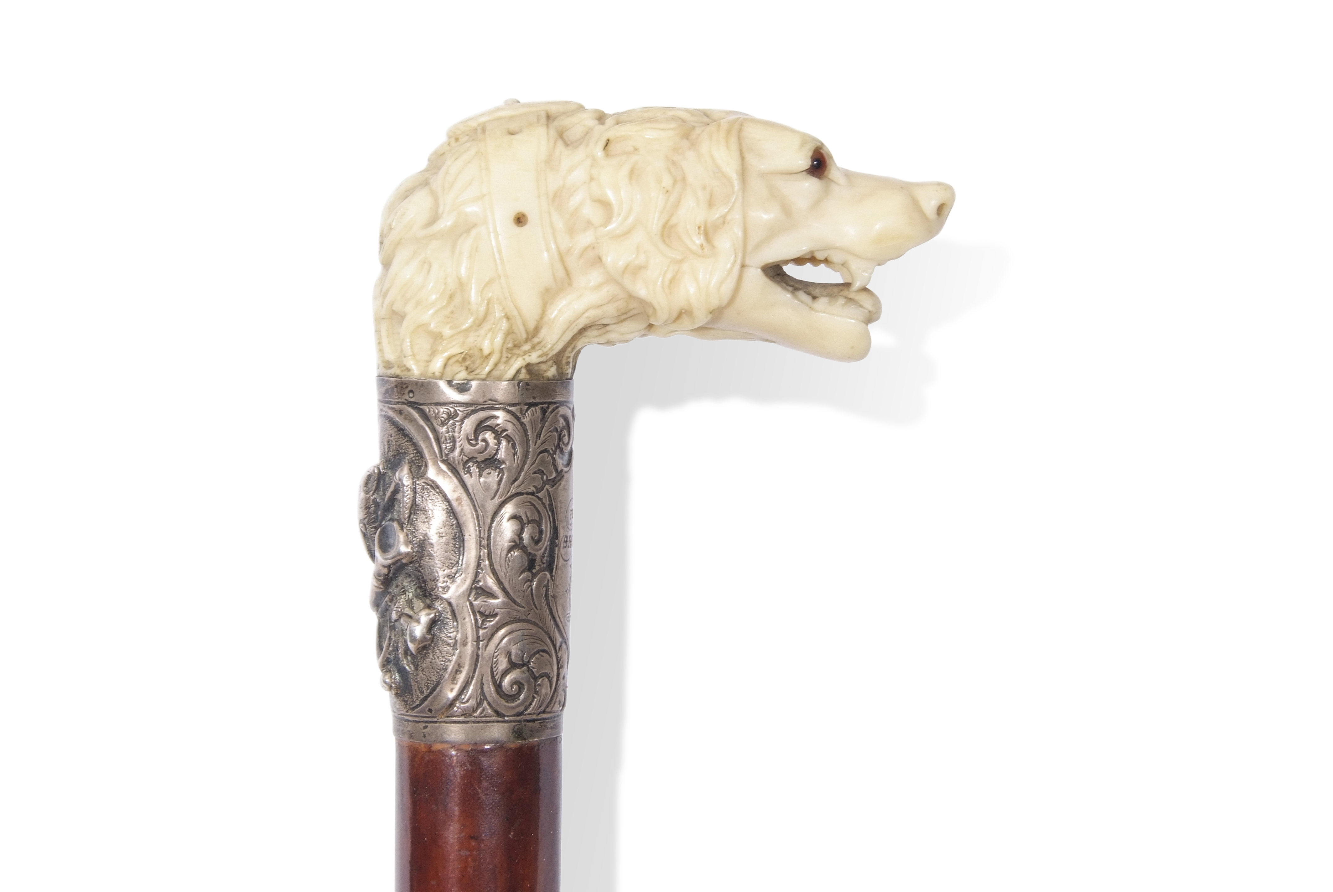 19th century hunting cane, the ivory handle carved in the form of a hound with glass or - Image 2 of 8