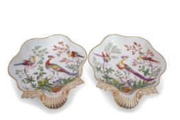 Pair of 19th century English porcelain shaped dishes decorated with exotic birds in the manner of